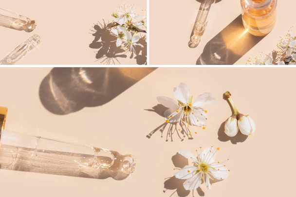 collage of pipettes with liquid serum with golden bottle and shadows on beige background - Foto, imagen