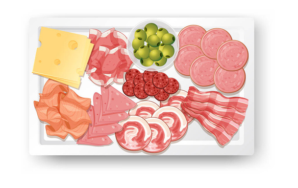 Lunch meat set with different cold meats on platter illustration - Vector, Image
