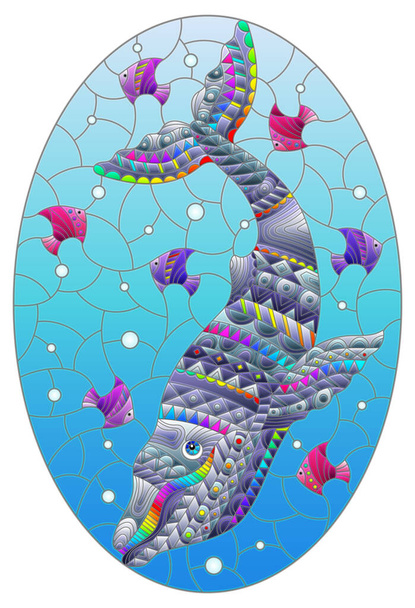 Una ilustración en el estilo de una vidriera con una ballena arco iris abstracta sobre un fondo de burbujas de agua y aire, imagen ovalada - Vector, Imagen