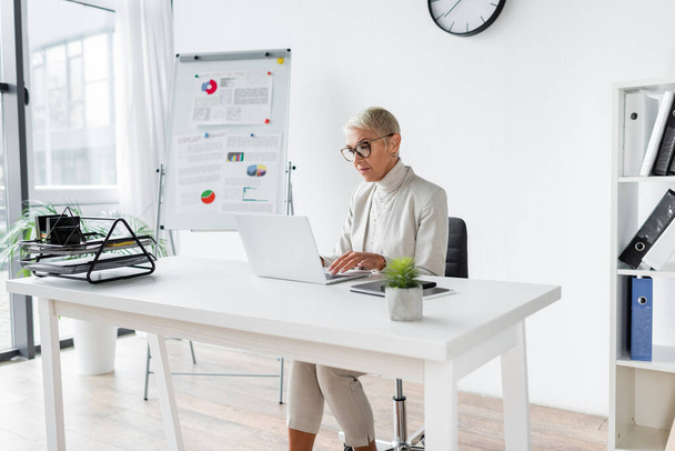 senior businesswoman in glasses using laptop in office  - Foto, Imagem