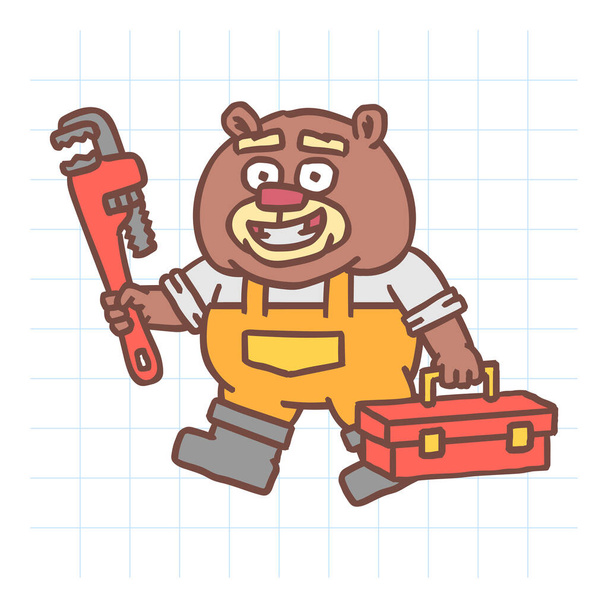 Construtor castor segurando tubo chave segurando caixa ferramenta e anda. Personagem desenhado à mão. Ilustração vetorial - Vetor, Imagem