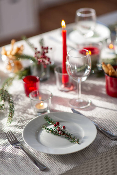 christmas dinner party table serving at home - Photo, Image