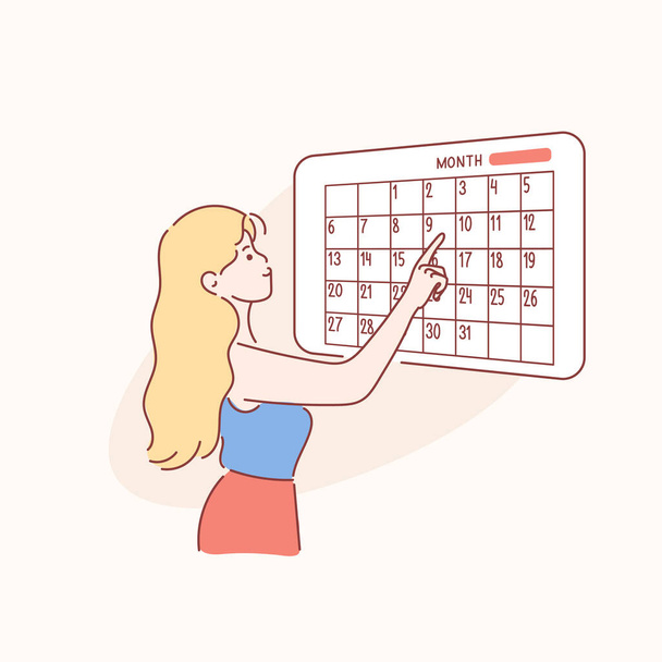 Boční pohled na ženu dívá na kalendář - Vektor, obrázek