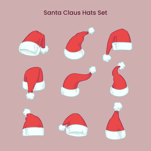 Navidad Santa Claus tapas conjunto, ilustración de vectores. Colección de sombreros Santas dibujados a mano para Navidad. - Vector, Imagen