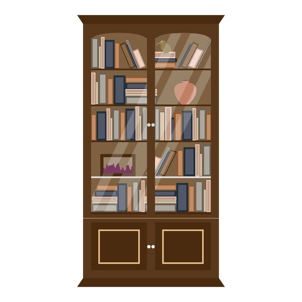 puinen kirjahylly paljon kirjoja ja knickknacks - Vektori, kuva
