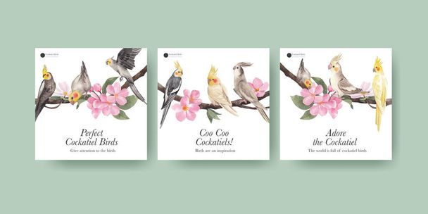 Modello di banner con concetto di uccello cockatiel, acquerello styl - Vettoriali, immagini
