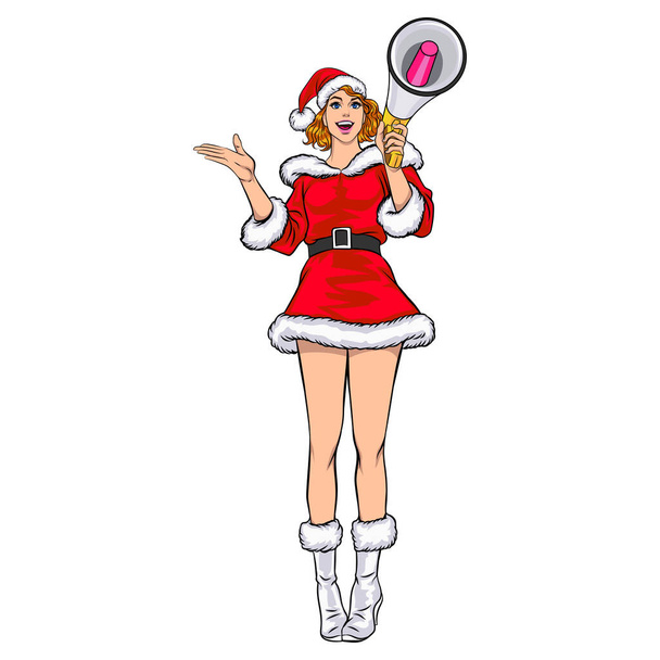 Weihnachtsmann hält Megafon für Pop-Art-Comic - Vektor, Bild