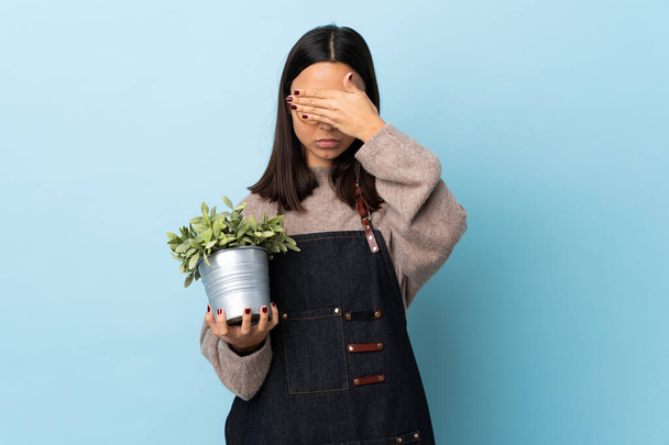 Jeune brune mixte femme tenant une plante sur fond bleu isolé couvrant les yeux par les mains. Je ne veux pas voir quelque chose. - Photo, image
