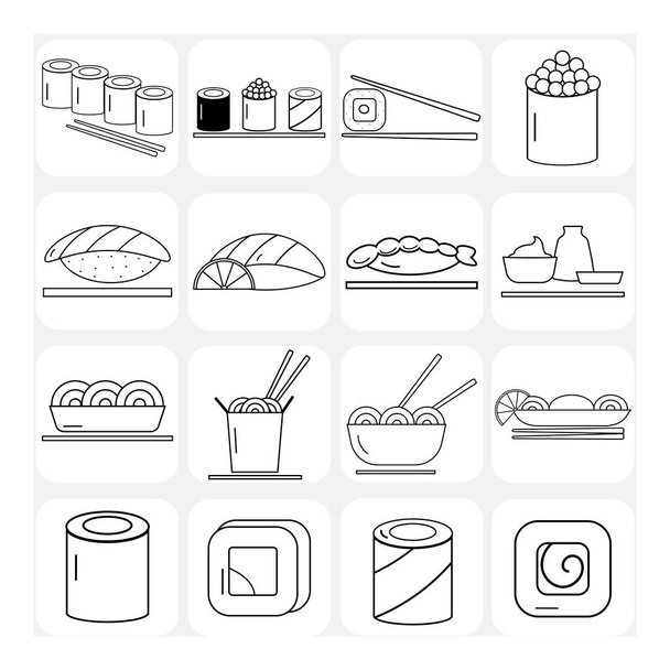 Sushi, nouilles, petits pains. Cuisine. Un ensemble d'icônes linéaires vectorielles pour la conception d'une application mobile, site Web, conception, page sur un fond blanc. - Vecteur, image