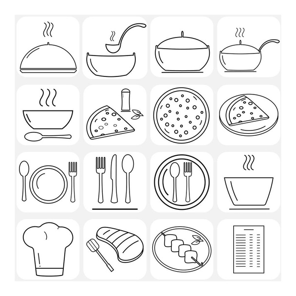 A set of vector logo icons for a cafe restaurant. Logos, template. Linear elements of pizza soup grill menu for the website page application. - Vector, Image