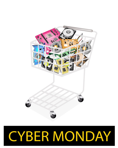 Set of Hardware Computer in Cyber Monday Shopping Cart - Vector, Image