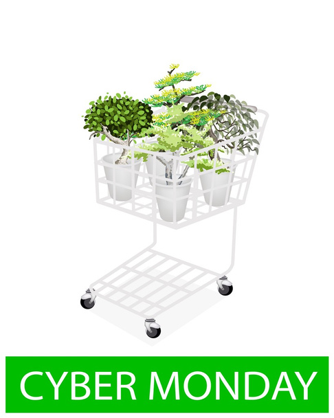zielonych drzew w cyber poniedziałek koszyk na zakupy - Wektor, obraz