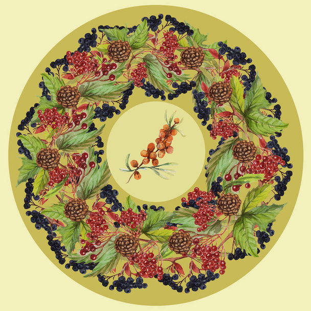 Hojas bayas otoño uvas silvestres rowan bellotas acuarela ilustración dibujado a mano patern impresión sin costuras textil  - Foto, Imagen