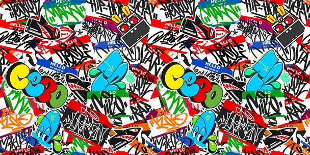 Flat Abstract Seamless Colorful Urban Graffiti Style Sticker Bombing Hello My Name Is With Some Street Art Lettering Vector Illustration Art - Vector, Image