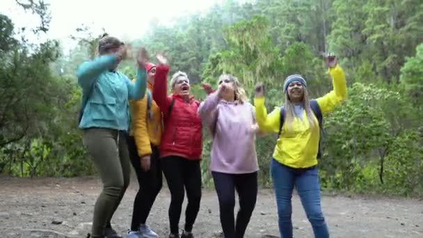 Ομάδα γυναικών με διαφορετικές ηλικίες και εθνικότητες που έχουν μια αστεία στιγμή χορό κατά τη διάρκεια ενός περιπάτου ομιχλώδες δάσος - Περιπέτεια και ταξίδια έννοια άνθρωποι  - Πλάνα, βίντεο