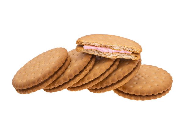 double biscuits with strawberry cream isolated on white background - Photo, Image