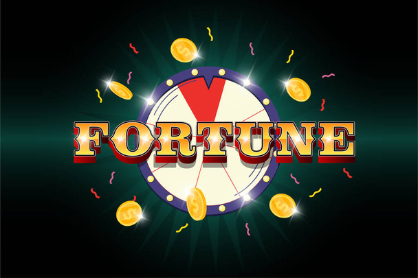 Fortune wheel banner. Inscription, spinning lucky roulette with confetti and money coins. Life good luck and success symbol. Take chance, win and get prize concept. Winner poster eps illustration - Vector, Image