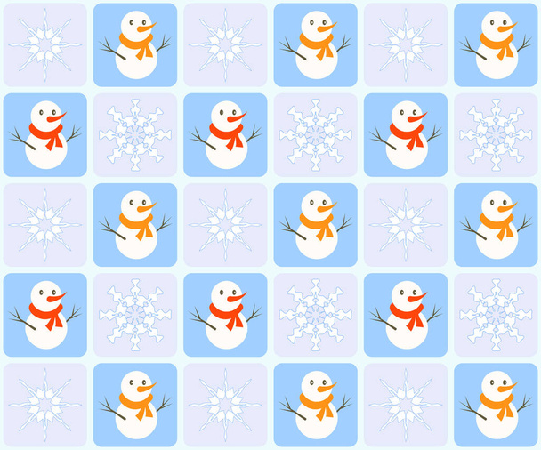 Padrão sem costura inverno no fundo xadrez luz com boneco de neve e floco de neve - Foto, Imagem