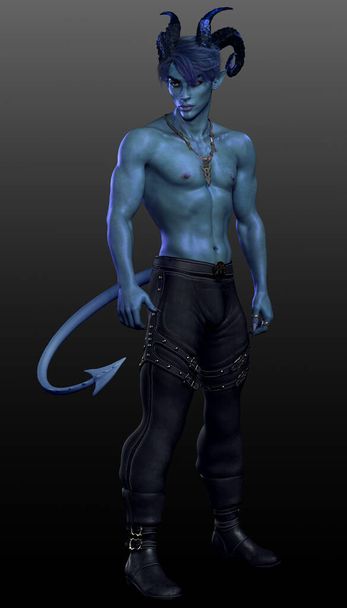 Fantasy Sexy Muscular Demon or Alien Man with Blue Skin - Фото, изображение