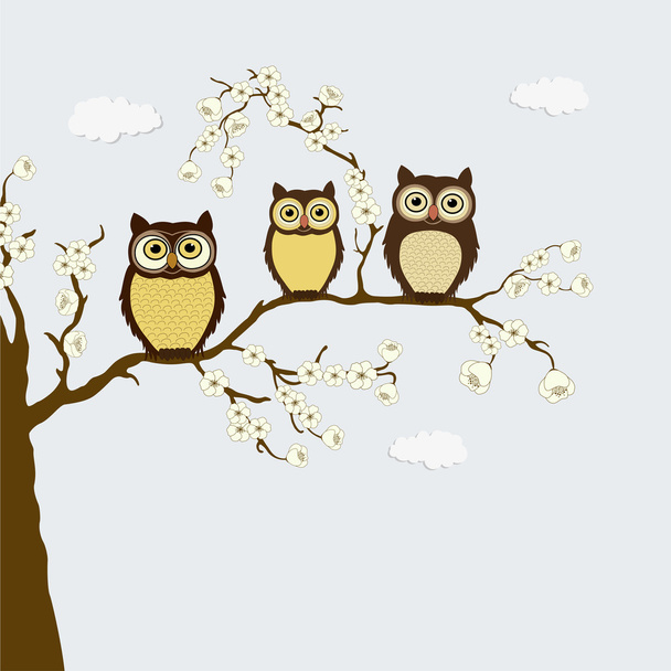 Cute family of owls on a branch with flowers - Vektori, kuva