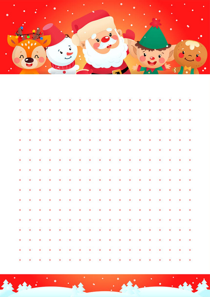 Christmas notebook page template. Cute organizer with a funny cartoon Santa Claus, an elf, a gingerbread man, a snowman and a little deer. Vector 10 ESP. - Vettoriali, immagini
