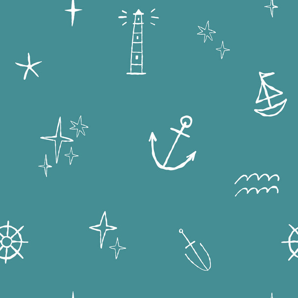 ドア、スケッチアンカー、船、ポールスター、灯台、波、海の星、ステアリングホイールとかわいい航海シームレスパターン - ベクター画像