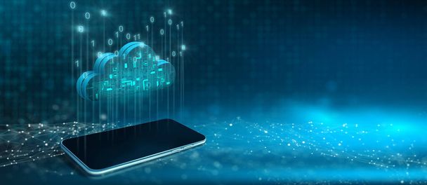 Tecnologia di cloud computing internet e codice binario su smartphone con sfondo astratto. Cloud Service e Cloud Storage su Mobile Concept. Rendering 3D. - Foto, immagini