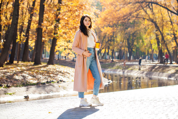 Full length portrait of a young beautiful girl posing against the backdrop of an autumn park - Foto, Bild