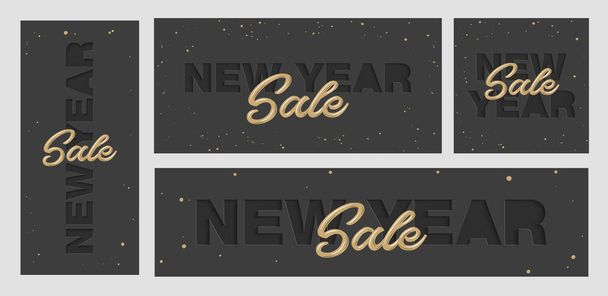 Vector set of craft paper cut black shapes font. 3d characters isolated, origami typeface for holidays. Neumorphism minimal style. New Year Sale for banners, covers, site, social media, business. - Vector, Image