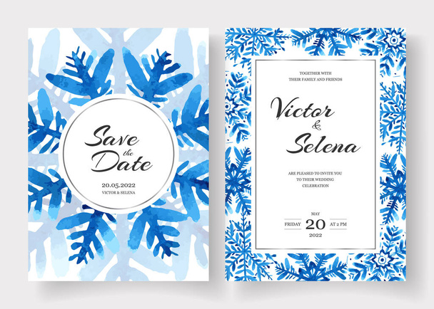 Téli esküvői kártyák design készlet akvarell hópelyhek. Mentsd el a dátumot. Kézzel festett. Vektor - Vektor, kép