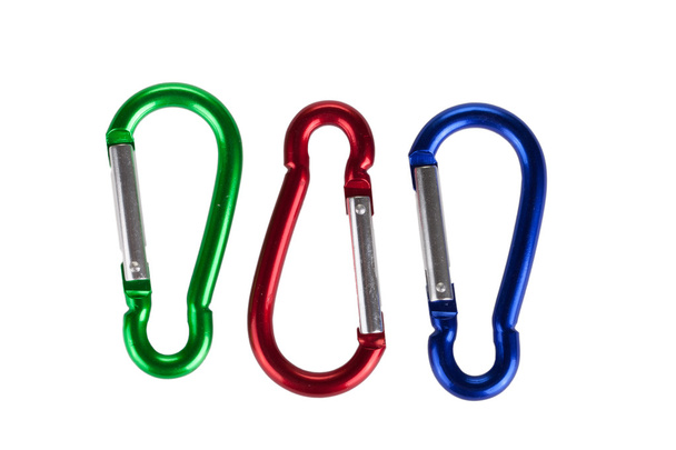 three carabiners isolated on white background - Foto, Bild