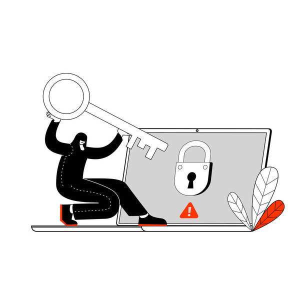 O hacker abre um bloqueio virtual no laptop. - Vetor, Imagem