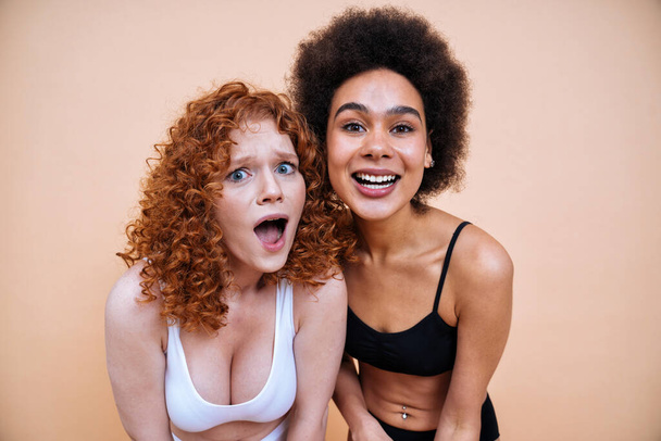 beauty image of two young women with different skin and body posing in studio for a body positive photoshooting. Mixed female models in lingerie on colored backgrounds - Fotoğraf, Görsel