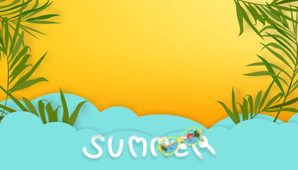 Flat lay of green coconut palm branches over yellow background with paper cut and craft tropical beach with copy space. Top view backdrop with wide composition concept for Summer vacation, Travel,fashion, Sale - Vetor, Imagem
