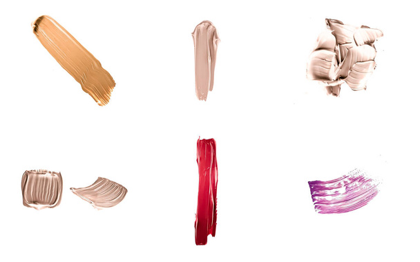 Set of art brush strokes or cosmetic makeup samples isolated on white background - Photo, Image