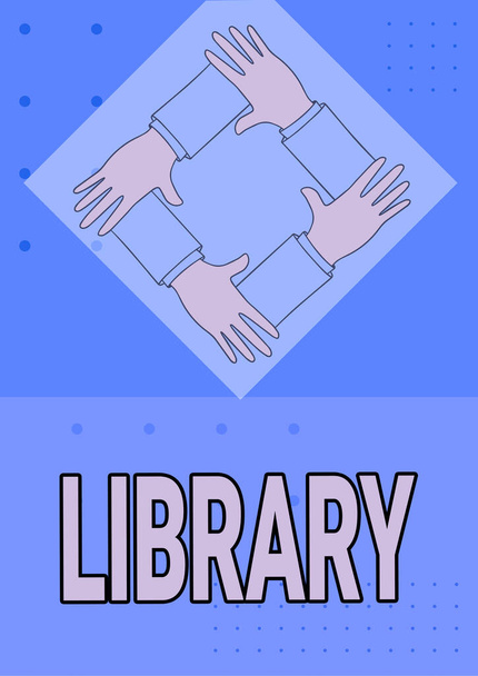 Kütüphane 'yi gösteren metin işareti. Kavram, kitapların toplandığı bina odası anlamına gelir. Çalışma için Dört El Bağlı Kollar Birlikte Bağlantı Sembolünü Göster. - Fotoğraf, Görsel