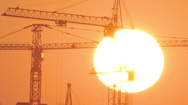 Dark silhouette of tower cranes with big setting sun at high residential apartment buildings construction site at sunset. Real estate development - Footage, Video