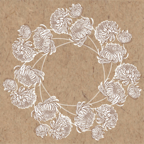 Round vector frame with blooming Chrysanthemum flowers on kraft paper. Illustration with place for text, can be used creating card, menu or invitation card. - Вектор, зображення
