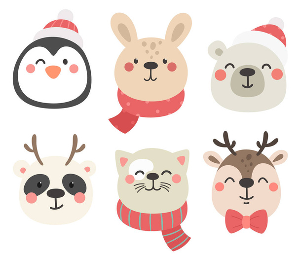 Collection of cute animals in Christmas hats and scarves. Children's hand-drawn animals. Deer, penguin, bear, cat, hare, panda. Cartoon characters. - Vetor, Imagem