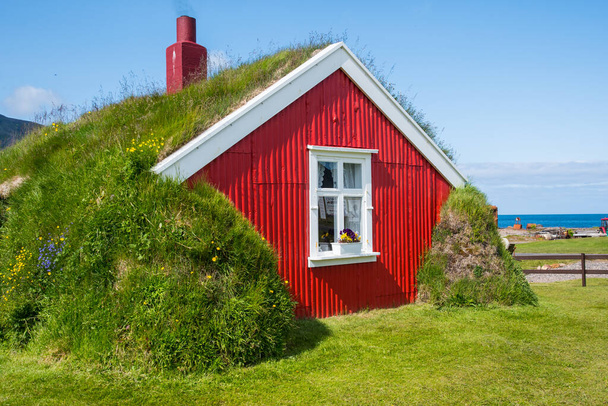 het laatst overgebleven grashuis in het dorp Bakkagerdi in Borgarfjordur Eystri in het oosten van IJsland - Foto, afbeelding
