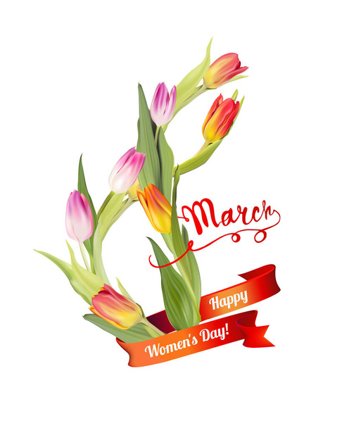 8 березня. Щасливі жінки. Векторна листівка з тюльпанами
 - Вектор, зображення