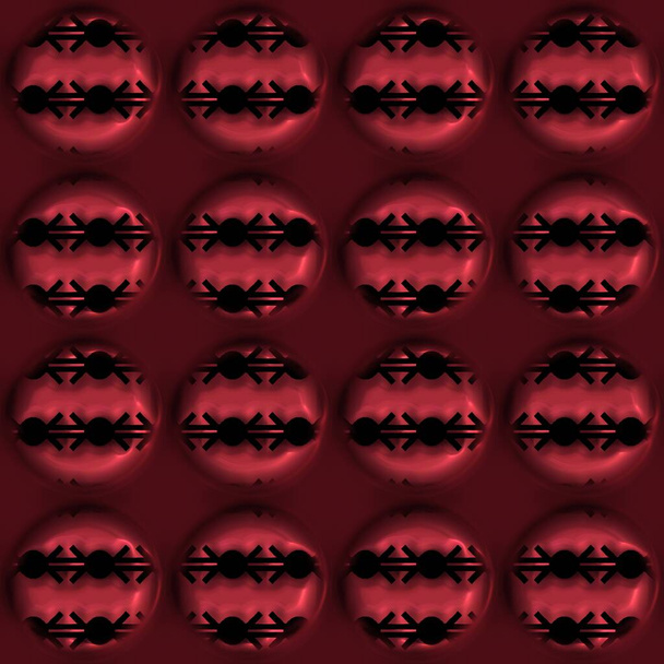 Efecto metal rojo textura oriental decorativa. Grabado sin costura oxidado patrón motivo círculo 3d. Ornamental por todas partes imprimir para moderno asiático fusión telón de fondo.  - Foto, Imagen