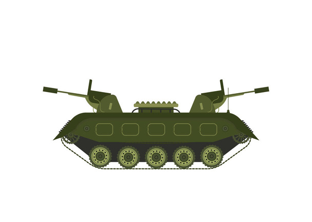 Assault armored tank truck. Military amphibious vehicle. Cartoon vintage style. Soldiers. Cannon turret. Tractor. Towing. Simple. - ベクター画像