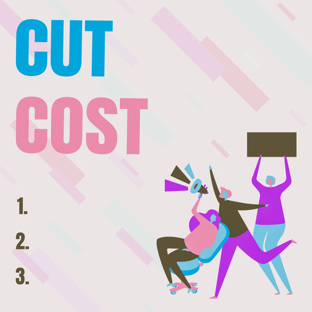 Podpis wyświetlający Cut Cost. Business showcase Środki wdrożone w celu zmniejszenia wydatków i poprawy zysku Kobieta Rysunek Holding Megaphone Dokonywanie ogłoszenia. - Zdjęcie, obraz