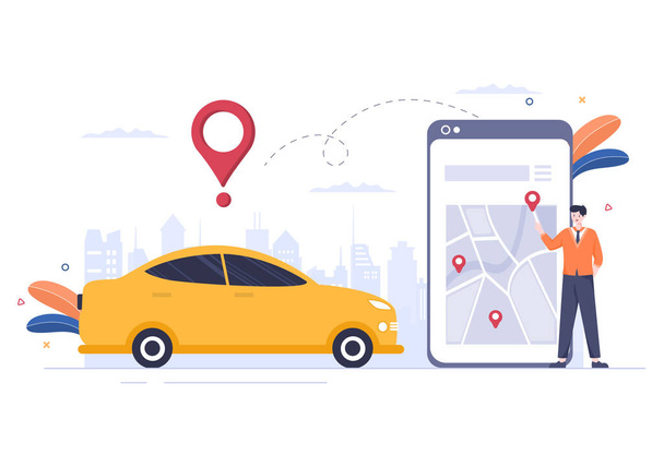 Online Taxi Booking Travel Service Flat Design Illustration via Mobile App on Smartphone Take Someone to a Destination Suitable for Background, Poster or Banner - Vektör, Görsel