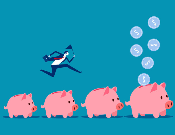 Jumping from small piggy bank to bigger profit to achieving financial goal. Investment and savings growth - Vector, Image
