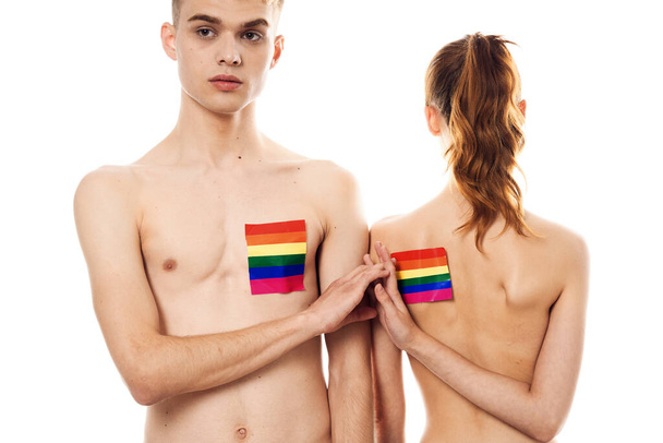 young couple lgbt Flag transgender lifestyle light background - Фото, зображення
