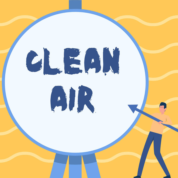 Writing displaying text Clean Air. Concept meaning air that has no harmful levels of dirt and chemicals in it Man Standing Holding Large Arrow Pointing To Big Circular Target. - Photo, Image