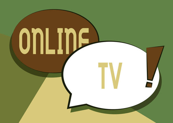 Writing displaying text Online Tv. Internet Concept a television production broadcast in realtime as events happen Two Colorful Overlapping Speech Bubble Drawing With Exclamation Mark. - Photo, Image