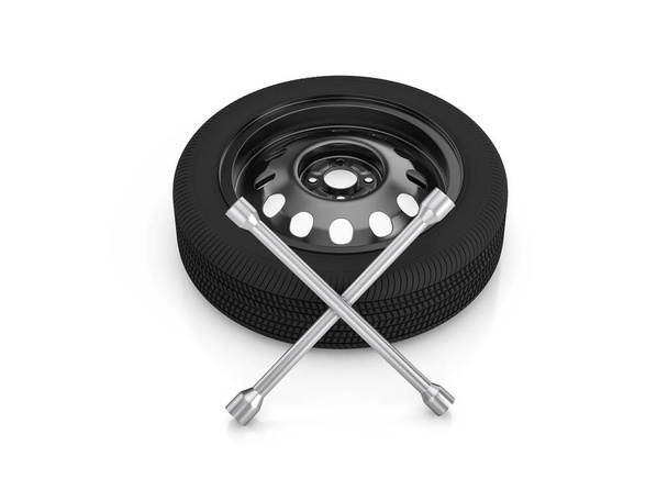 Car wheel and cross wrench on a white background. 3d illustration. - Foto, Bild